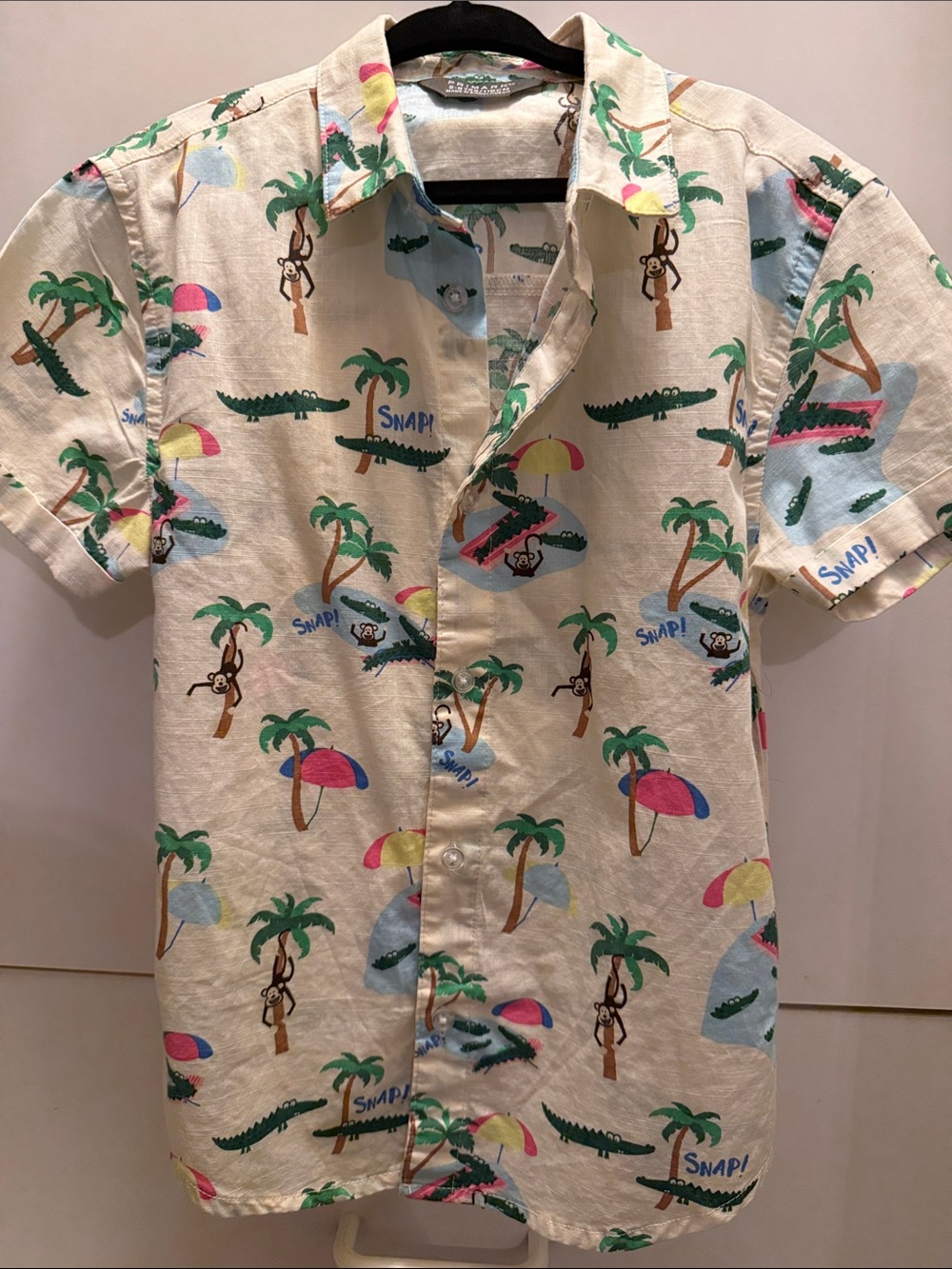 Primark Cream Tropical Print Short Sleeve Shirt with Green & Pink Accents